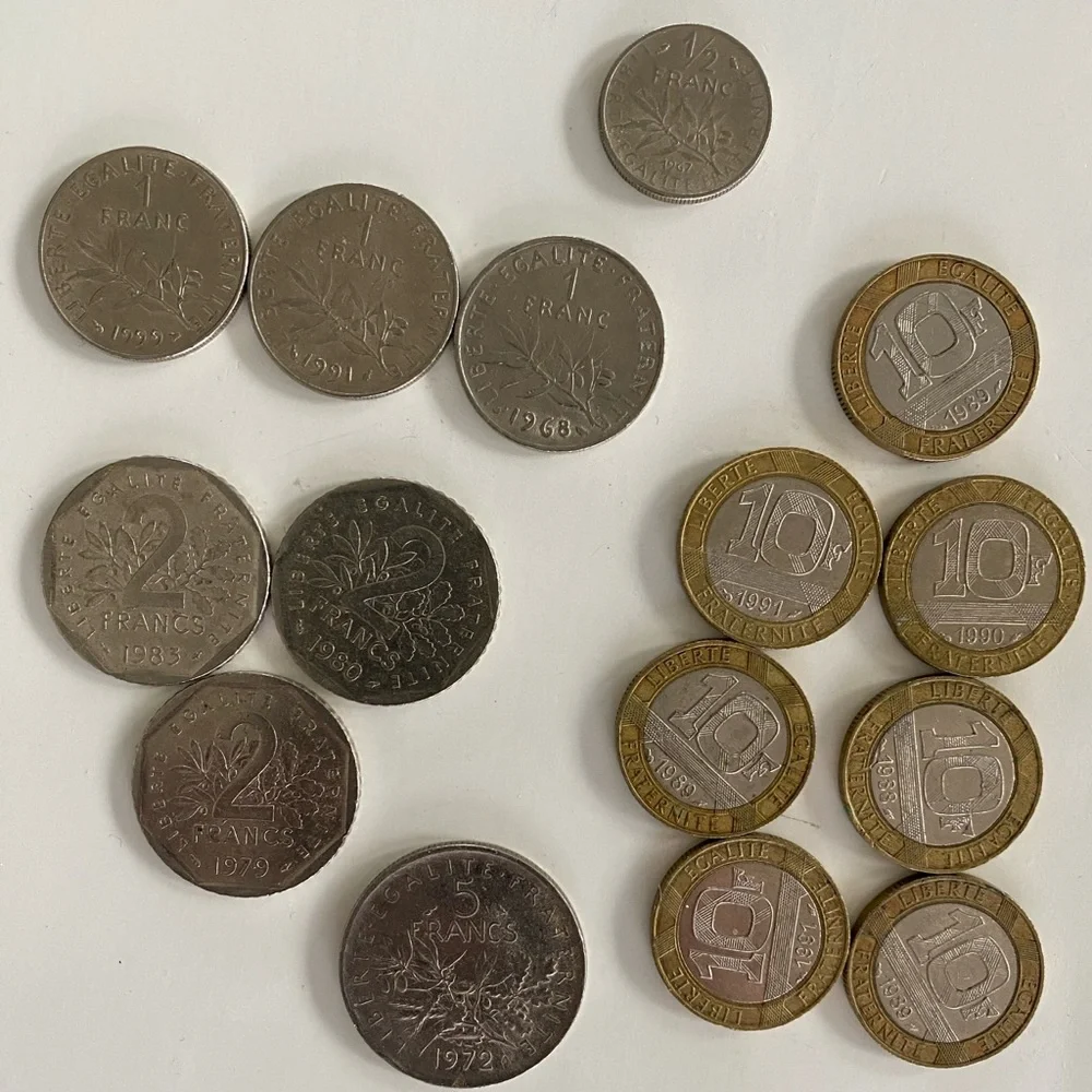 Old French Francs Centimes lot of 15 coins 1960s-1990s vintage money from France
